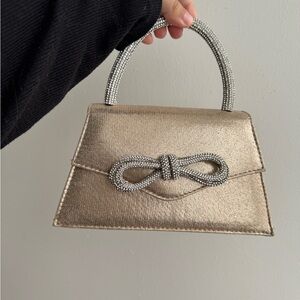 Stylish Gold Evening Top-Handle Bag with Crystal Bow Accent
